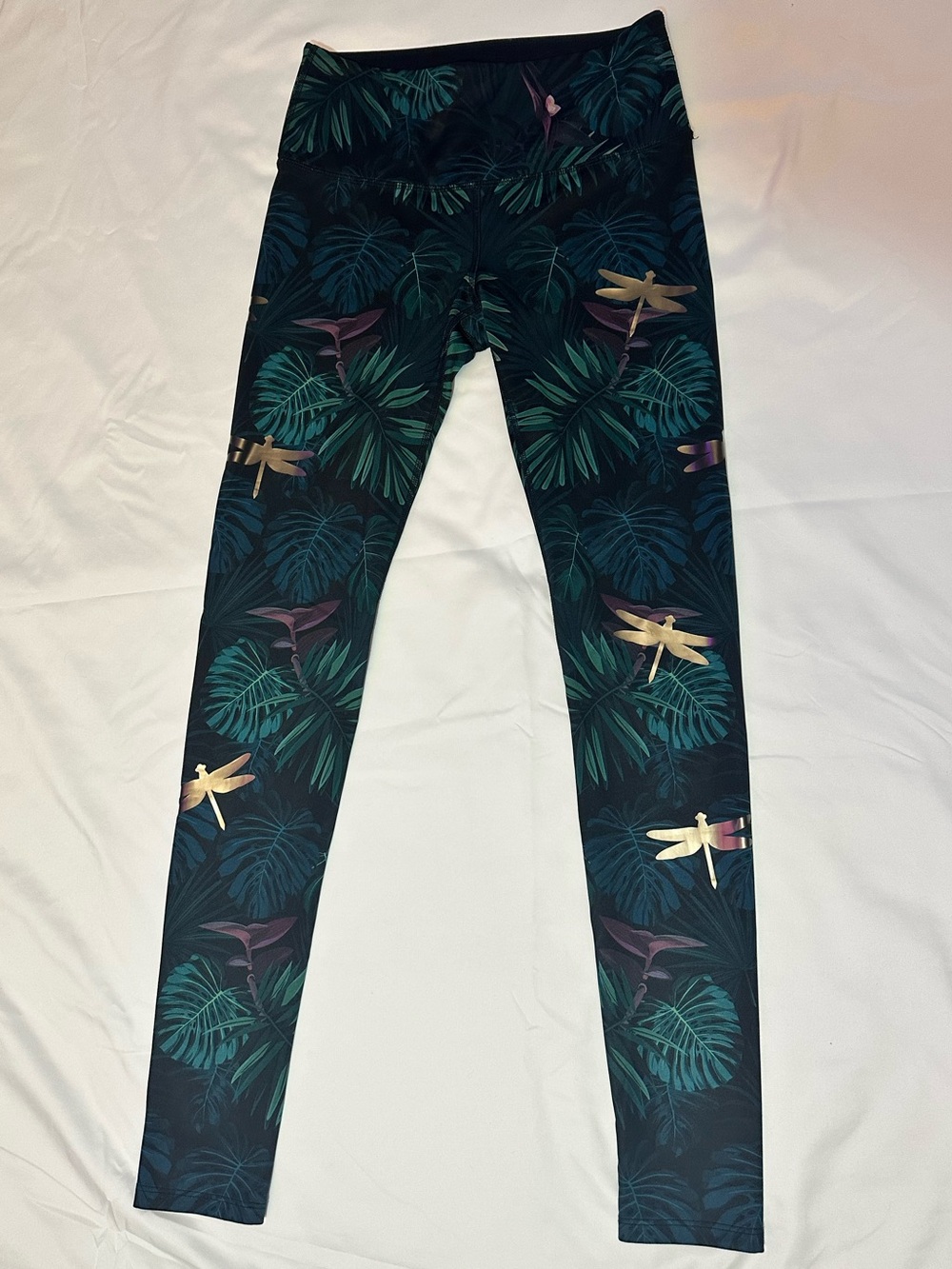Noli Yoga Lush Foil Dragonfly Leggings Black Green Tropical Workout Pants Med
